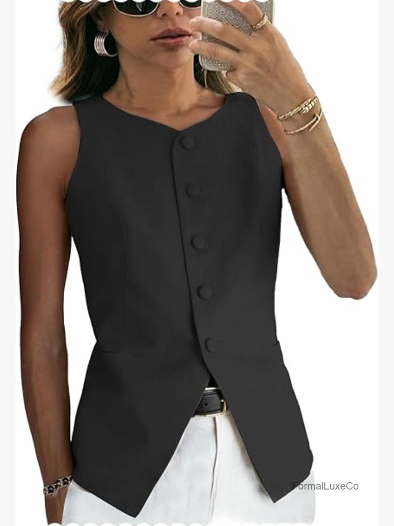 Women's Linen Vest Sleeveless Button Down Casual Suit Vest Summer Office Work